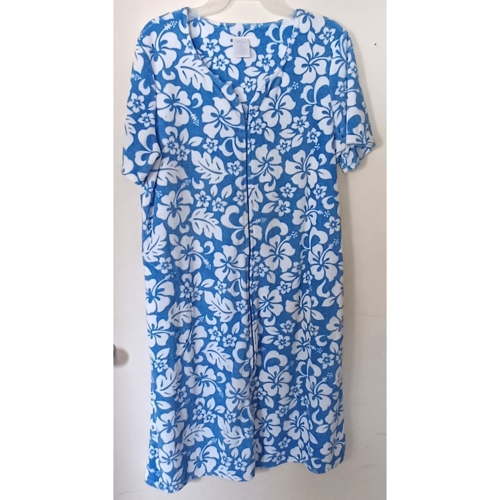 Secret Treasures House Dress Women Medium Blue Hibiscus Floral Zip Terry Pockets